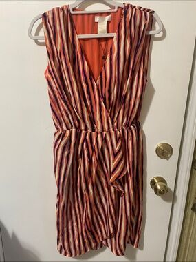 MM Couture Sleeveless V-Neck Striped Midi Dress in Orange, Purple, Cream